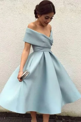 A-Line Off-the-Shoulder Tea-Length Sleeveless Homecoming Light Blue Satin Prom Dress