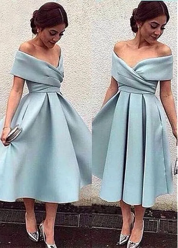 A-Line Off-the-Shoulder Tea-Length Sleeveless Homecoming Light Blue Satin Prom Dress