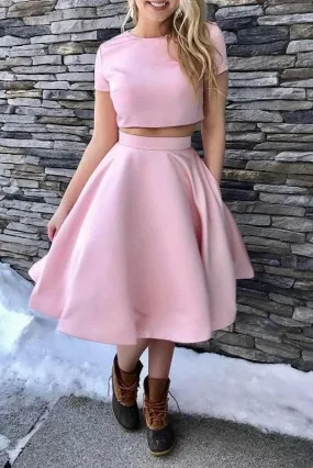 A-Line Short Sleeves Tea-Length Homecoming Dress Two Piece Satin Prom Dresses
