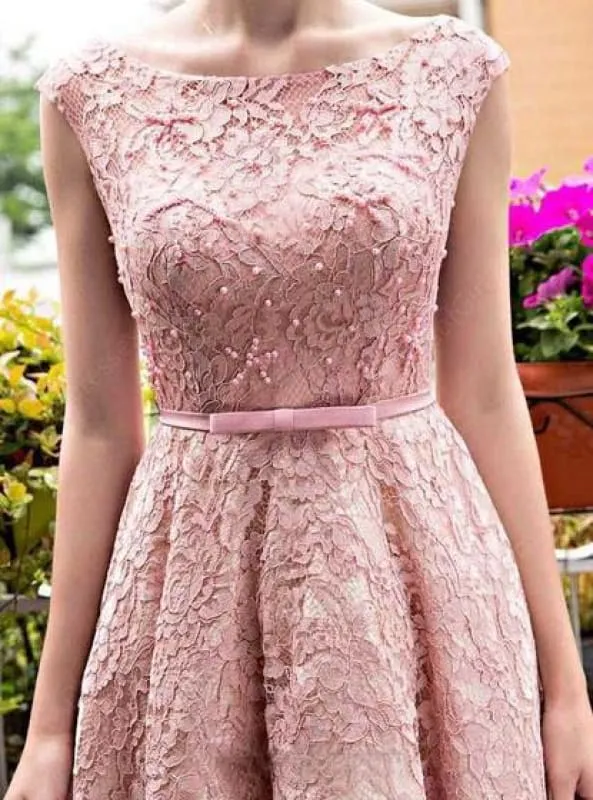 A-line Tea-length Pink Lace Homecoming Cute Graduation Dresses Short Prom Dress