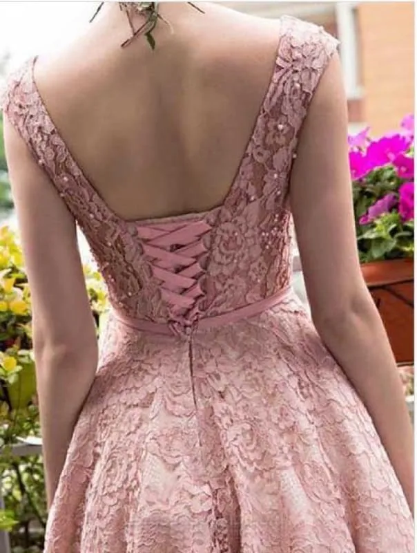 A-line Tea-length Pink Lace Homecoming Cute Graduation Dresses Short Prom Dress