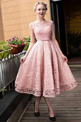 A-line Tea-length Pink Lace Homecoming Cute Graduation Dresses Short Prom Dress