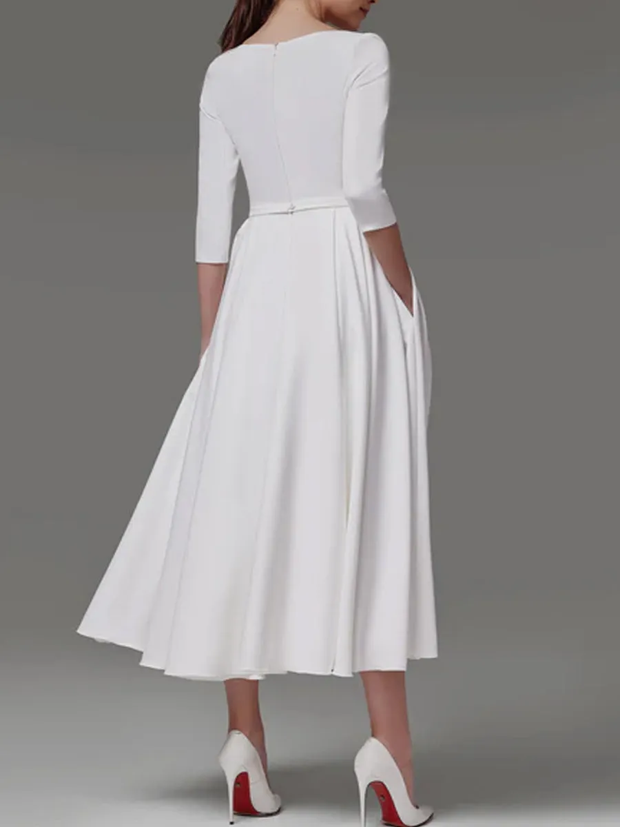 A Line Tea Length Wedding Dresses 3 4 Sleeve Satin Midi