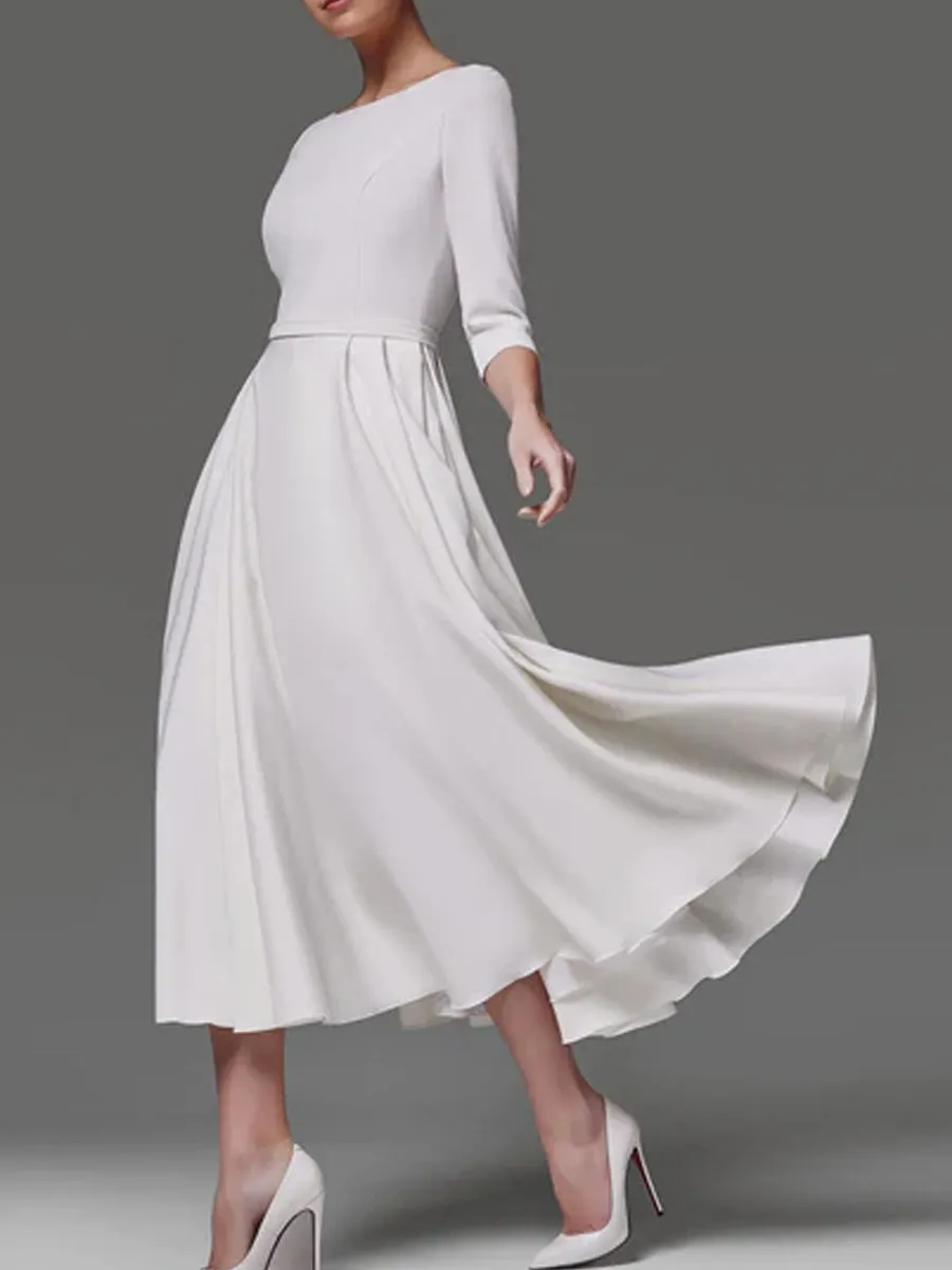 A Line Tea Length Wedding Dresses 3 4 Sleeve Satin Midi