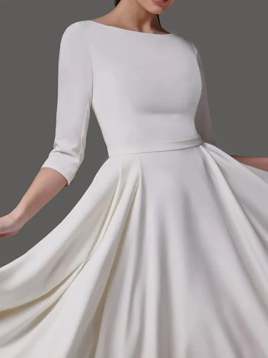 A Line Tea Length Wedding Dresses 3 4 Sleeve Satin Midi