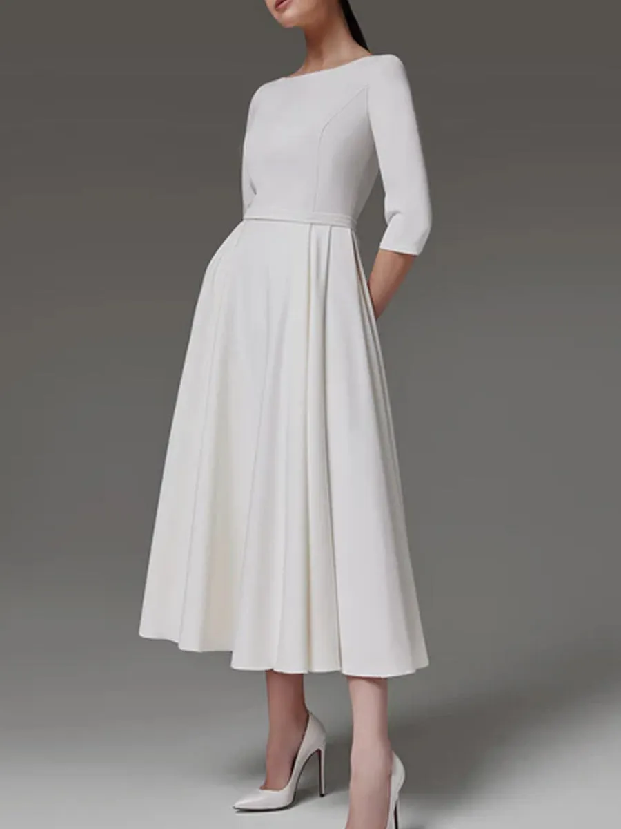 A Line Tea Length Wedding Dresses 3 4 Sleeve Satin Midi