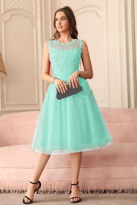 A-line Tulle Lace Tea Length Party Dress Crew neck Sleeveless Short Homecoming Dress