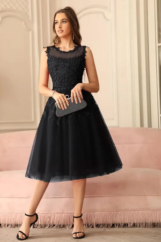 A-line Tulle Lace Tea Length Party Dress Crew neck Sleeveless Short Homecoming Dress