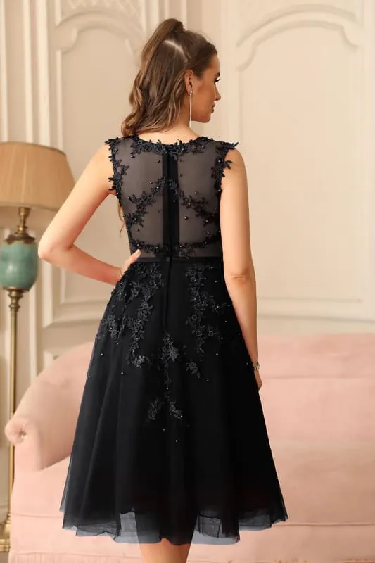 A-line Tulle Lace Tea Length Party Dress Crew neck Sleeveless Short Homecoming Dress