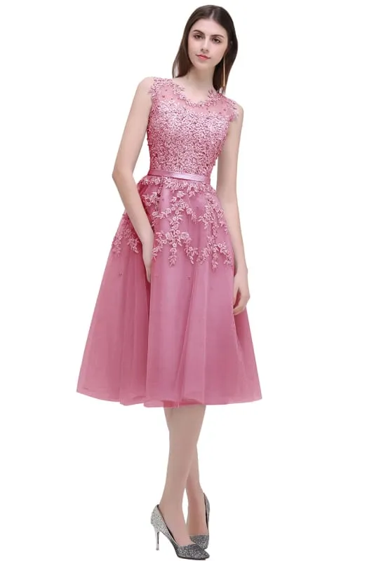 A-line Tulle Lace Tea Length Party Dress Crew neck Sleeveless Short Homecoming Dress