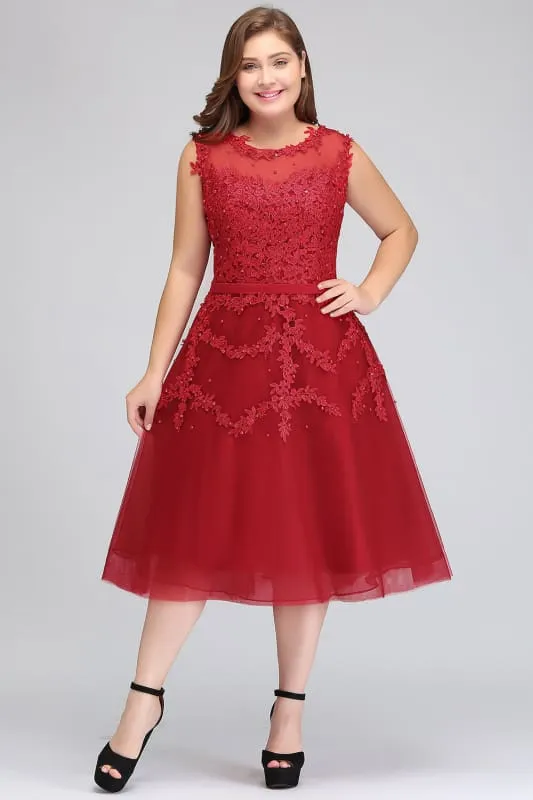 A-line Tulle Lace Tea Length Party Dress Crew neck Sleeveless Short Homecoming Dress
