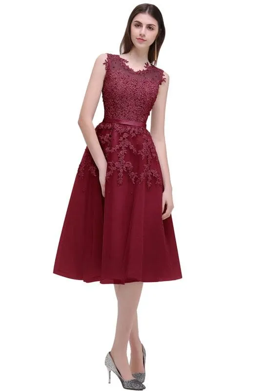 A-line Tulle Lace Tea Length Party Dress Crew neck Sleeveless Short Homecoming Dress