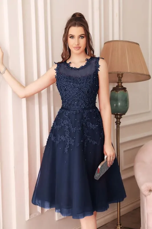 A-line Tulle Lace Tea Length Party Dress Crew neck Sleeveless Short Homecoming Dress
