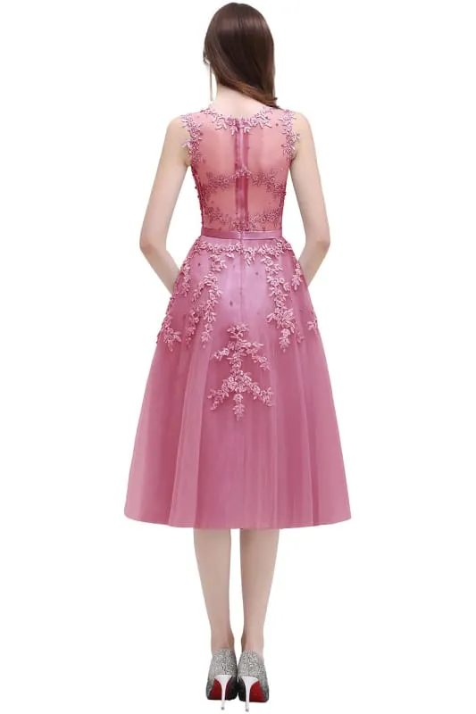 A-line Tulle Lace Tea Length Party Dress Crew neck Sleeveless Short Homecoming Dress