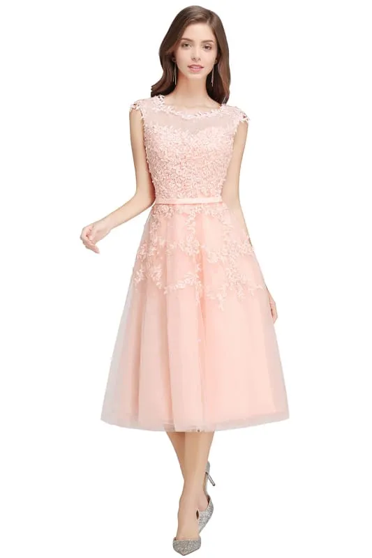 A-line Tulle Lace Tea Length Party Dress Crew neck Sleeveless Short Homecoming Dress