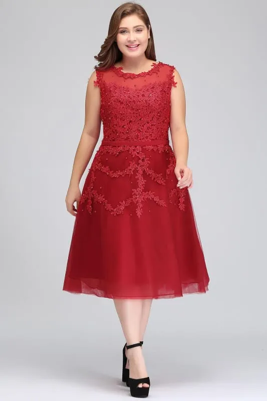 A-line Tulle Lace Tea Length Party Dress Crew neck Sleeveless Short Homecoming Dress