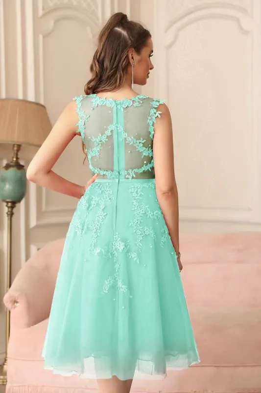 A-line Tulle Lace Tea Length Party Dress Crew neck Sleeveless Short Homecoming Dress