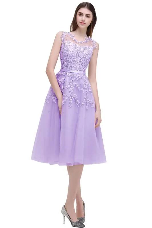 A-line Tulle Lace Tea Length Party Dress Crew neck Sleeveless Short Homecoming Dress