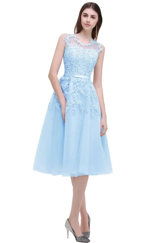 A-line Tulle Lace Tea Length Party Dress Crew neck Sleeveless Short Homecoming Dress