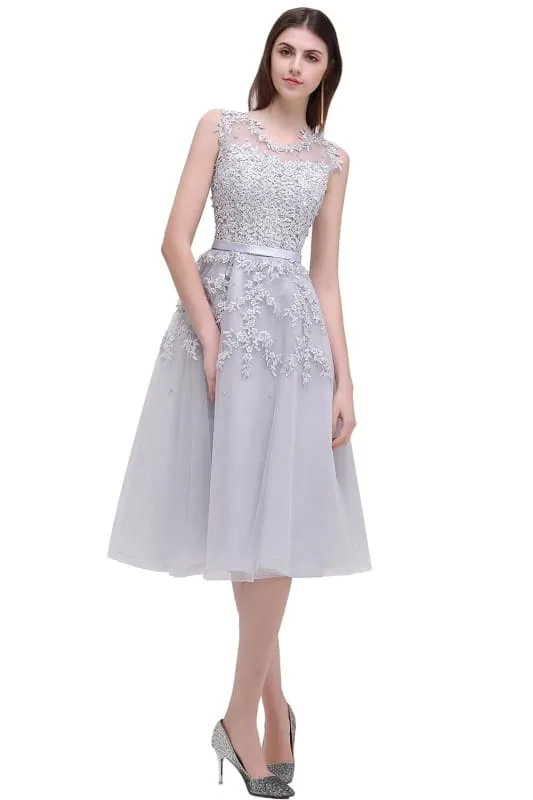 A-line Tulle Lace Tea Length Party Dress Crew neck Sleeveless Short Homecoming Dress