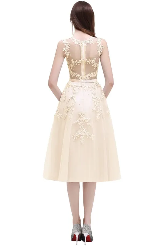A-line Tulle Lace Tea Length Party Dress Crew neck Sleeveless Short Homecoming Dress