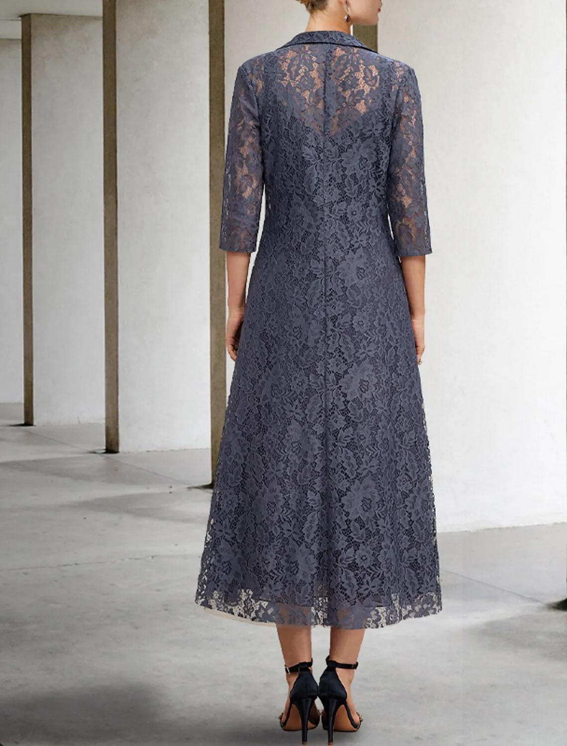Aimishang  A-Line Mother of the Bride Dress Elegant V Neck Tea Length Chiffon Lace Sleeveless Jacket Dresses with Tier Solid Color