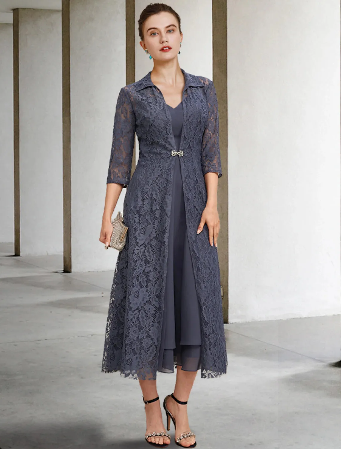 Aimishang  A-Line Mother of the Bride Dress Elegant V Neck Tea Length Chiffon Lace Sleeveless Jacket Dresses with Tier Solid Color