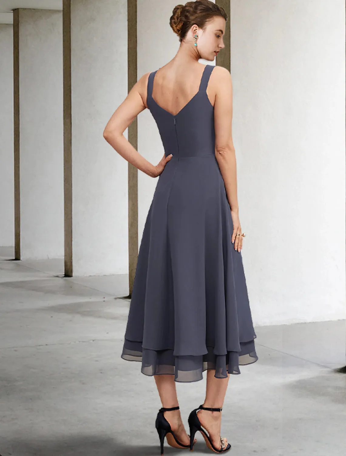 Aimishang  A-Line Mother of the Bride Dress Elegant V Neck Tea Length Chiffon Lace Sleeveless Jacket Dresses with Tier Solid Color