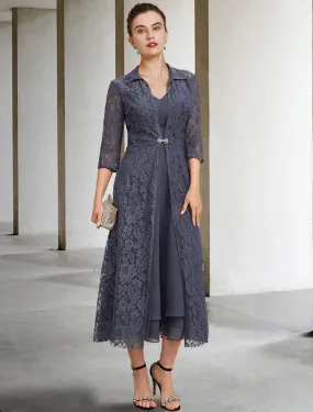 Aimishang  A-Line Mother of the Bride Dress Elegant V Neck Tea Length Chiffon Lace Sleeveless Jacket Dresses with Tier Solid Color