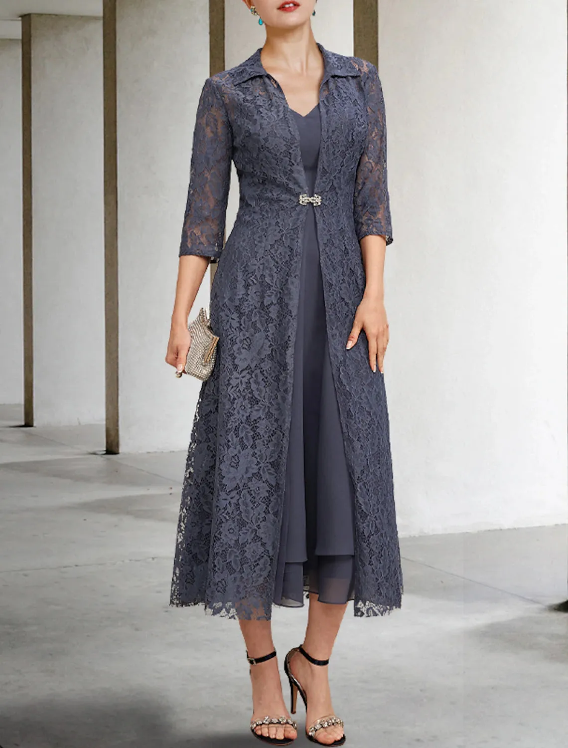 Aimishang  A-Line Mother of the Bride Dress Elegant V Neck Tea Length Chiffon Lace Sleeveless Jacket Dresses with Tier Solid Color