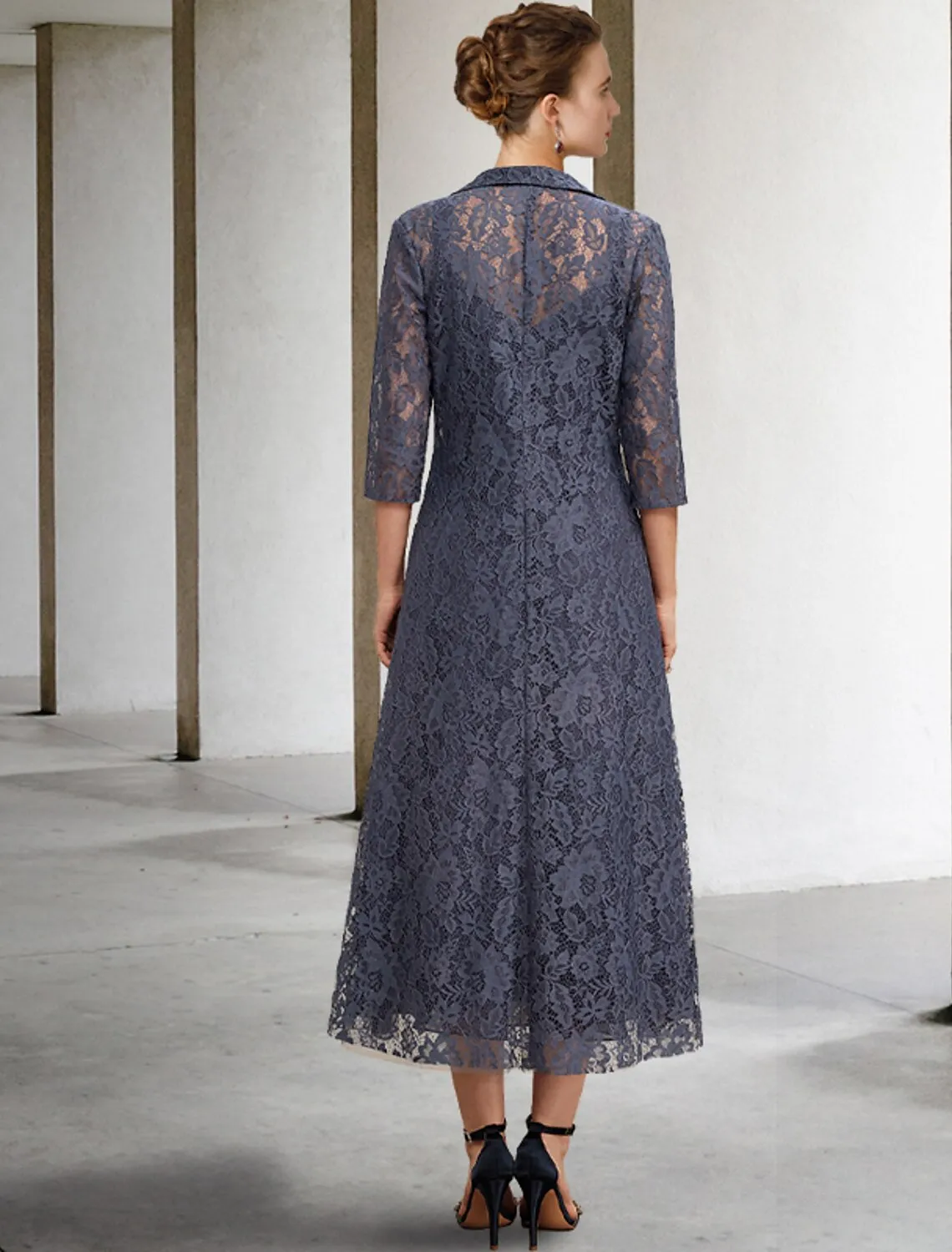 Aimishang  A-Line Mother of the Bride Dress Elegant V Neck Tea Length Chiffon Lace Sleeveless Jacket Dresses with Tier Solid Color