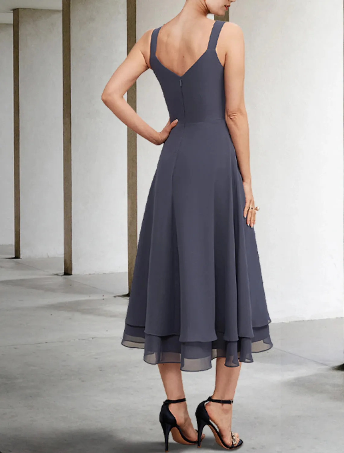 Aimishang  A-Line Mother of the Bride Dress Elegant V Neck Tea Length Chiffon Lace Sleeveless Jacket Dresses with Tier Solid Color