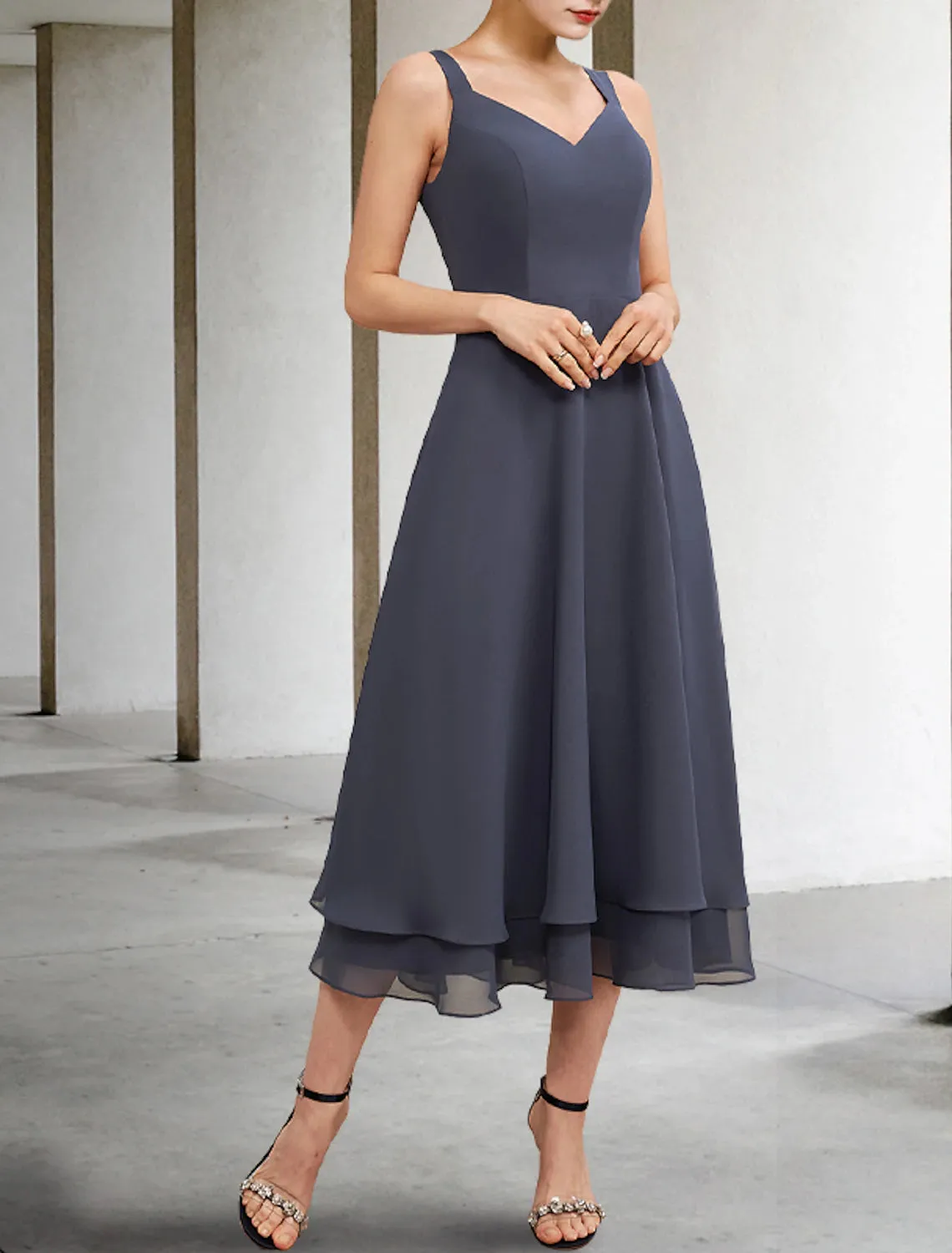 Aimishang  A-Line Mother of the Bride Dress Elegant V Neck Tea Length Chiffon Lace Sleeveless Jacket Dresses with Tier Solid Color