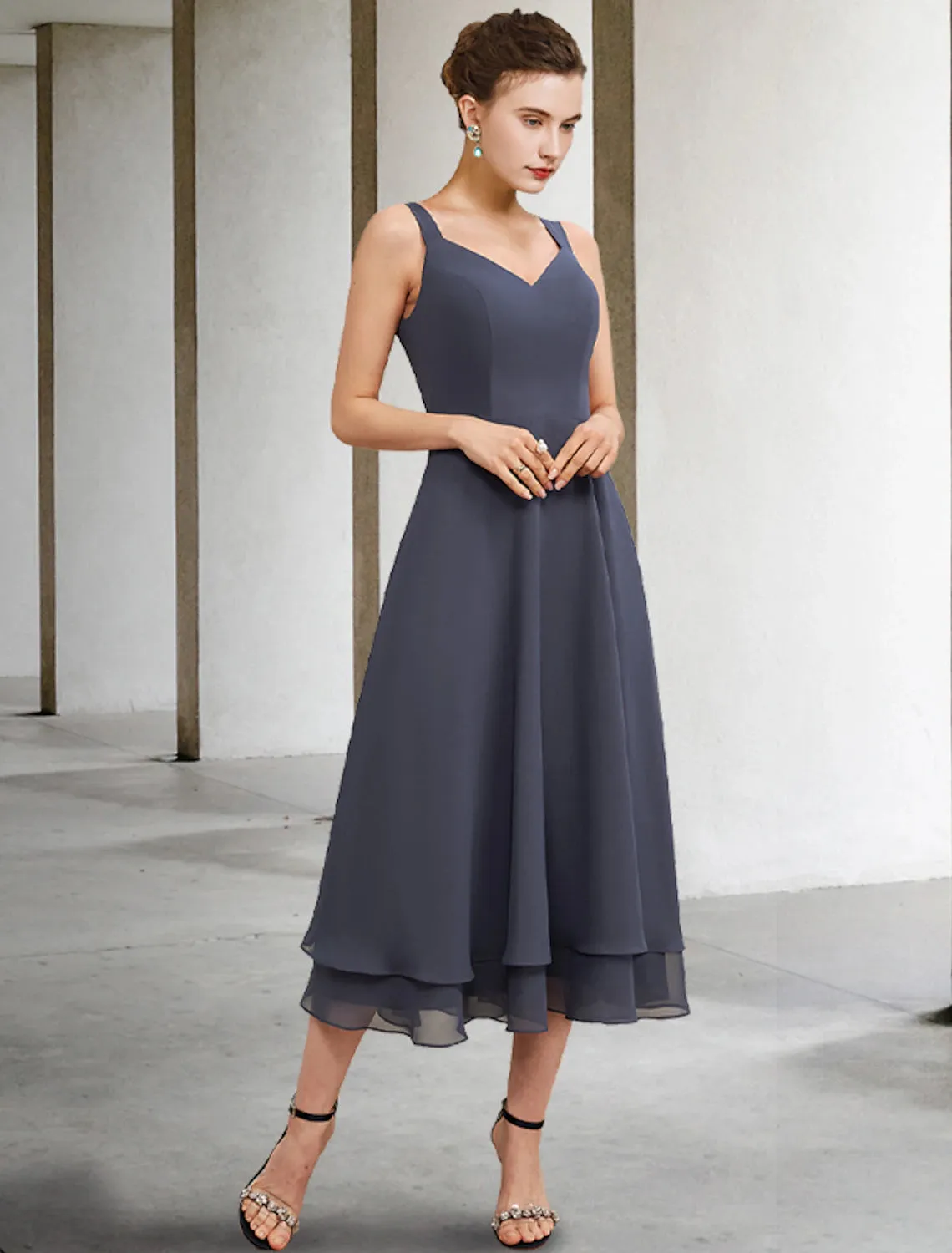 Aimishang  A-Line Mother of the Bride Dress Elegant V Neck Tea Length Chiffon Lace Sleeveless Jacket Dresses with Tier Solid Color