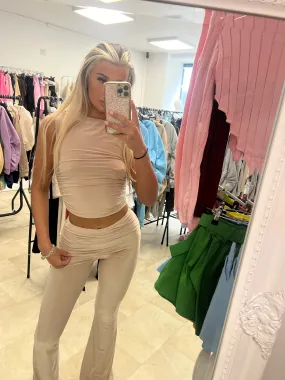 All colours Slinky Ruched Cropped Top and Fold Over Flared Trouser Set