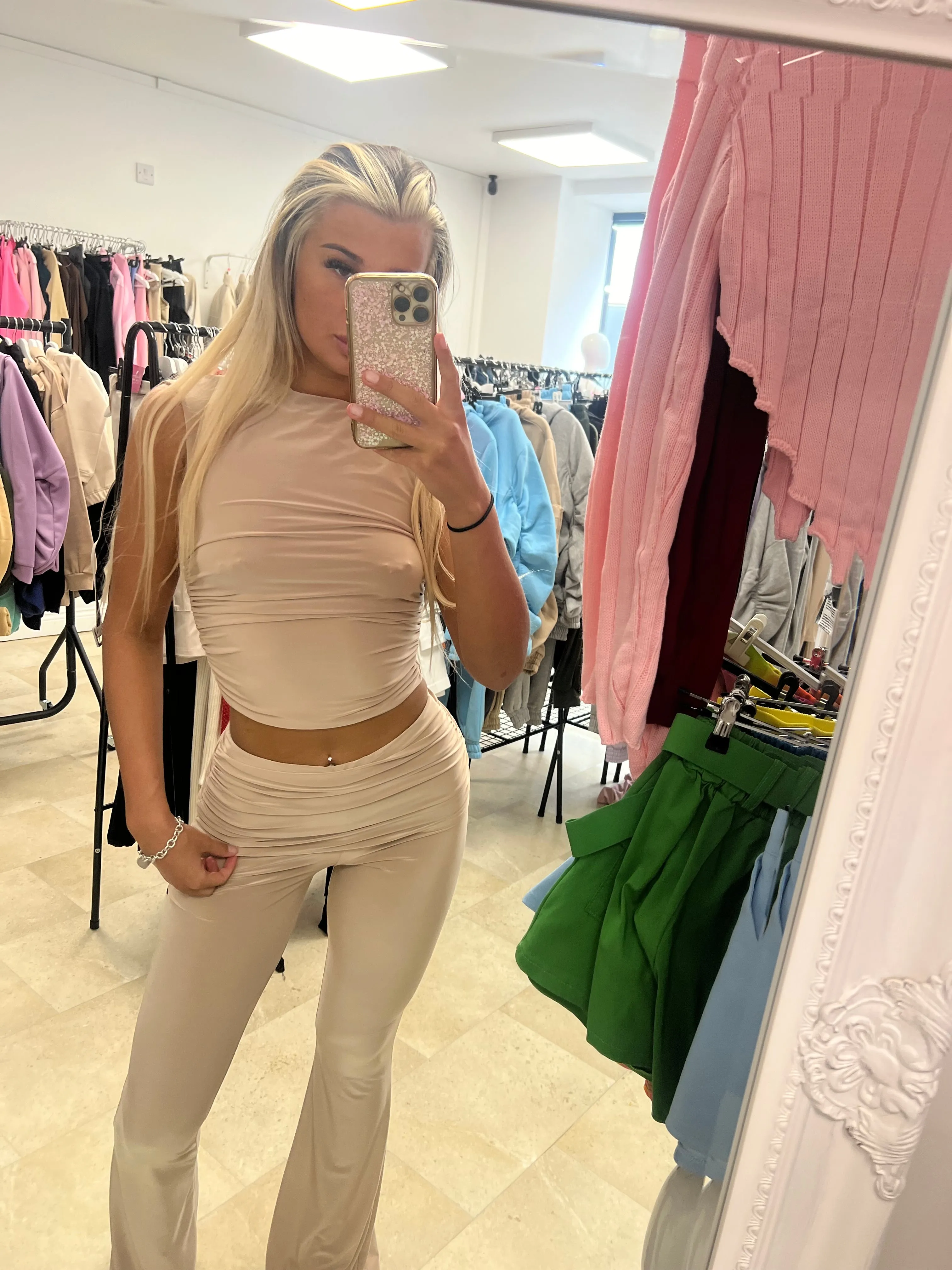 All colours Slinky Ruched Cropped Top and Fold Over Flared Trouser Set