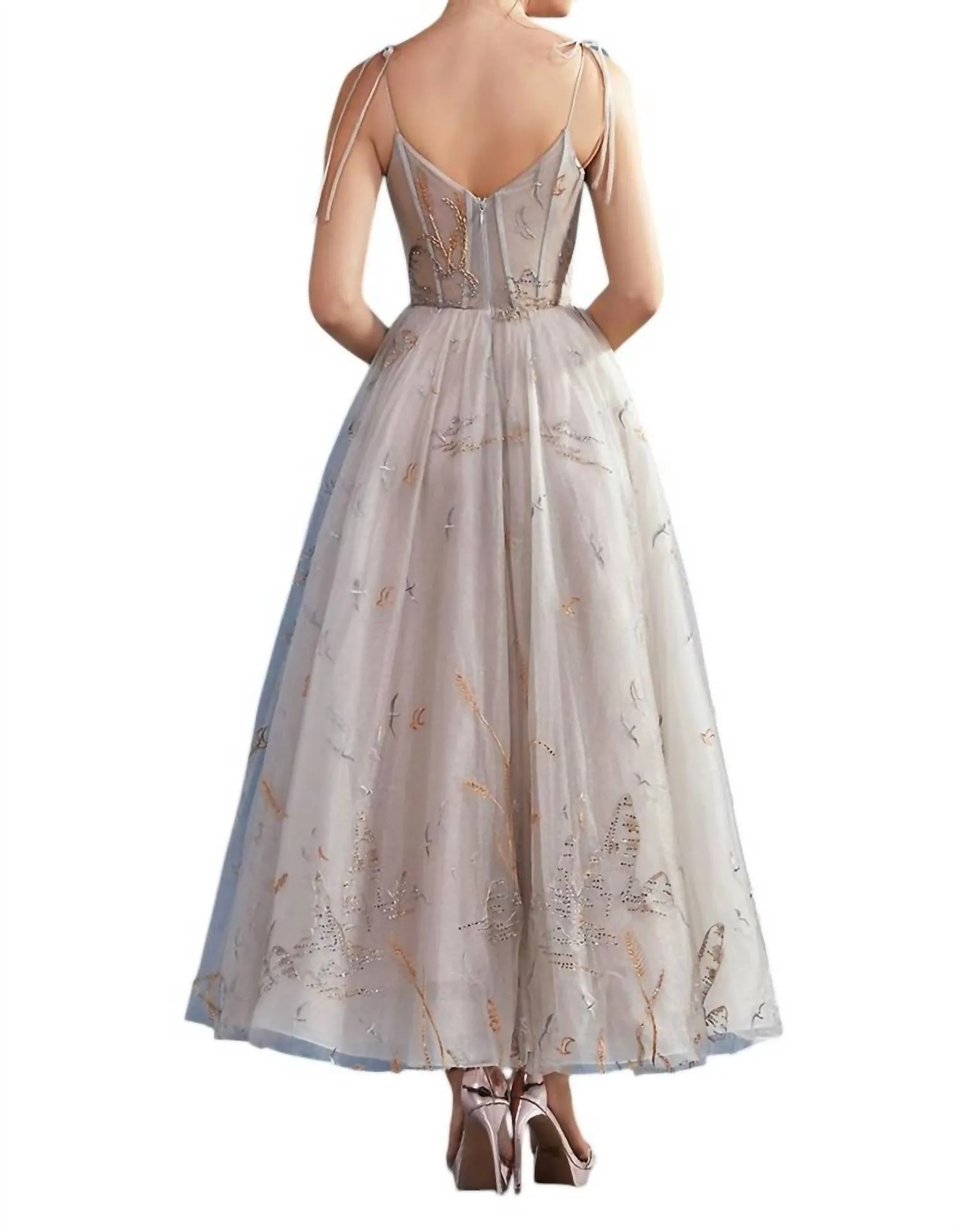 Andrea & Leo Couture - LAKE BIRDS EMBROIDERED TEA LENGTH DRESS