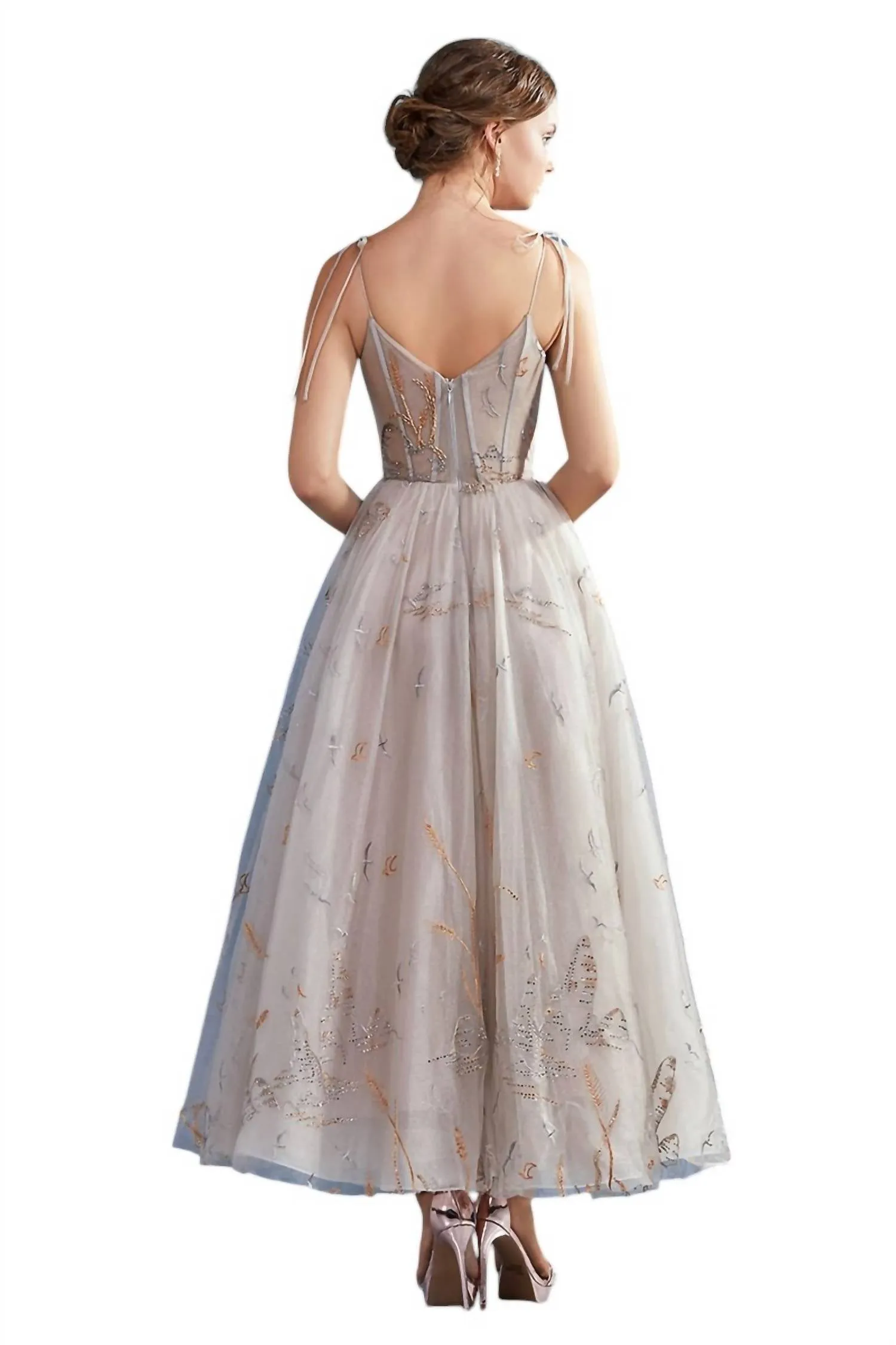 Andrea & Leo Couture - LAKE BIRDS EMBROIDERED TEA LENGTH DRESS