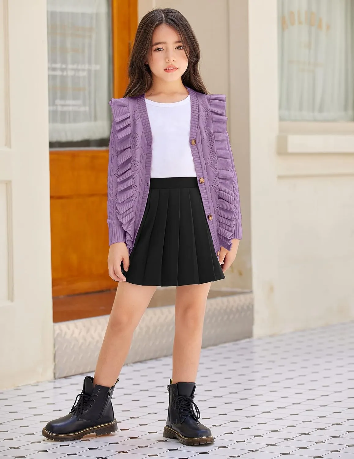 Arshiner Girls Cardigan Sweaters Ruffle School Uniform Sweater