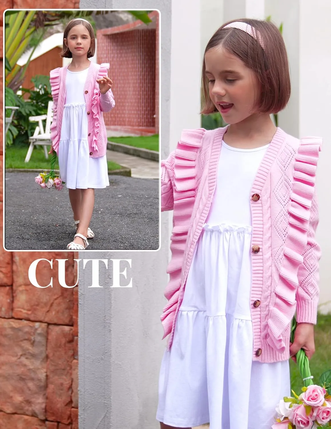 Arshiner Girls Cardigan Sweaters Ruffle School Uniform Sweater