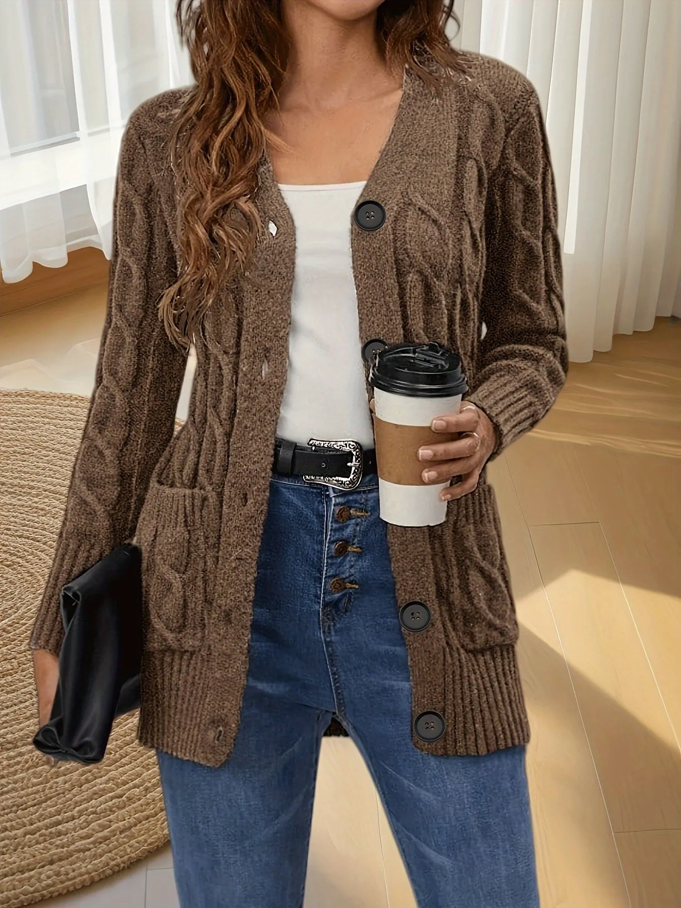 Autumn Women's V-Neck Cardigan - Cozy Knit with Button Detail