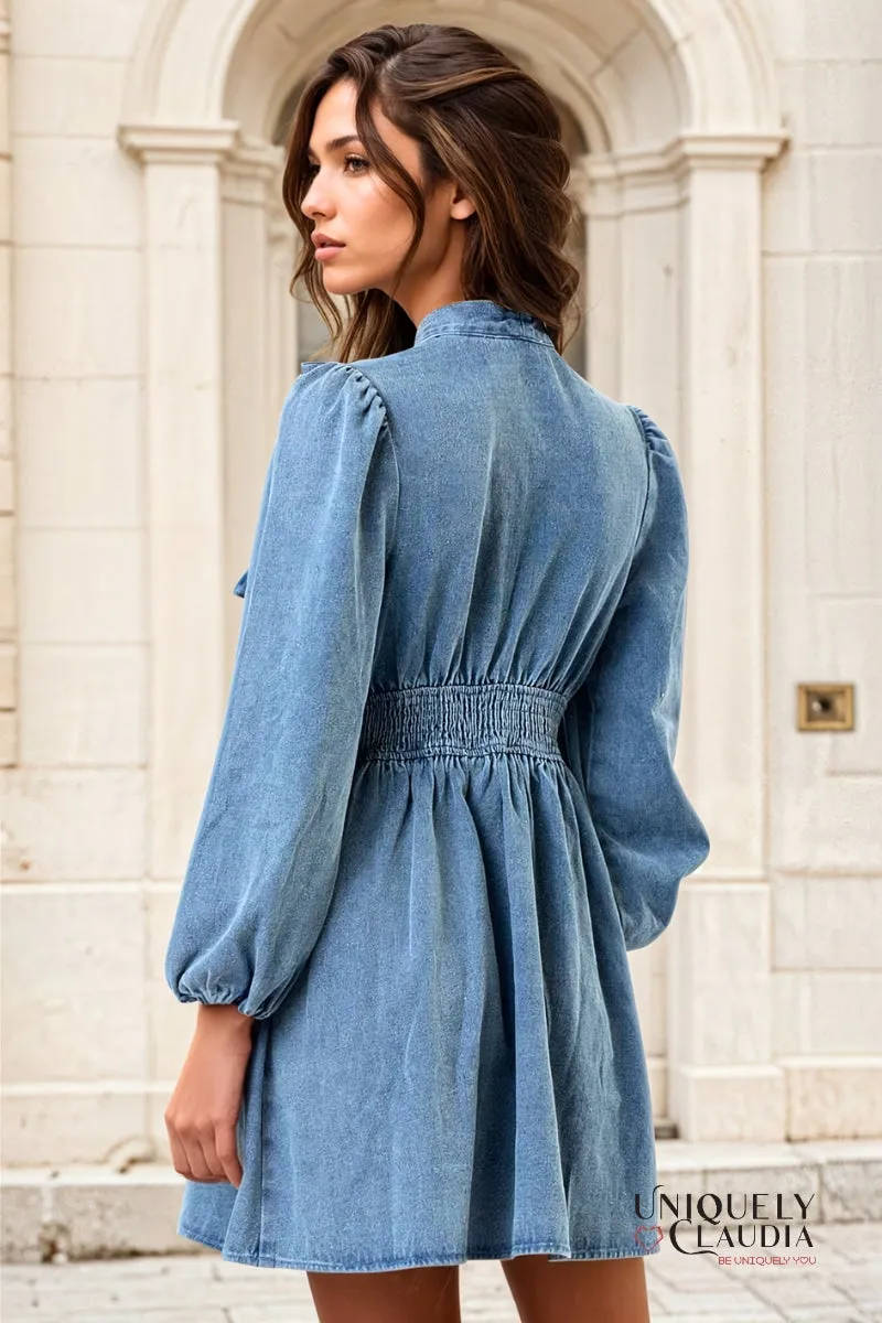 Barbara Bow Neck Tie Denim Babydoll Dress