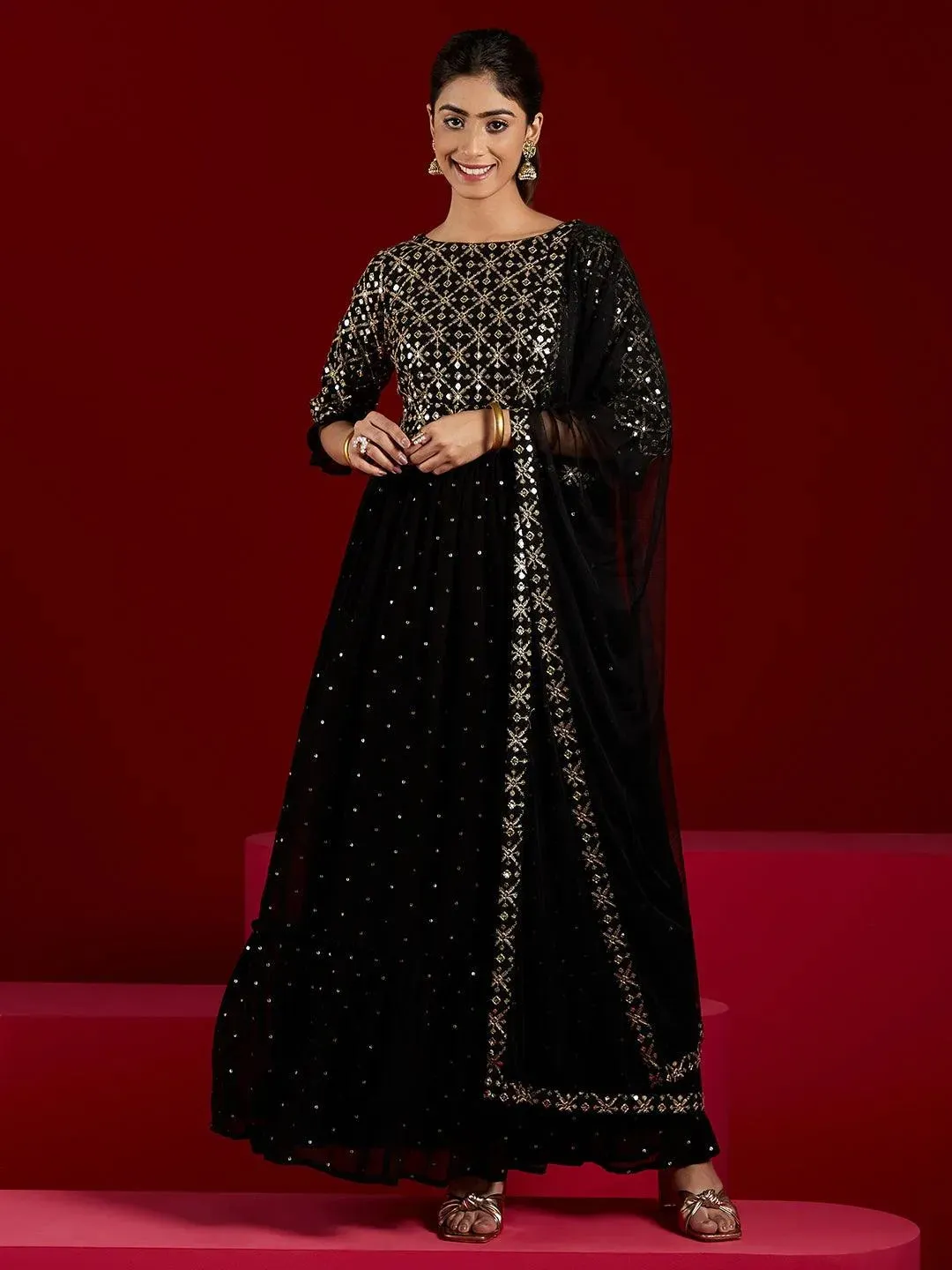 Black Embroidered Georgette Anarkali Suit With Dupatta