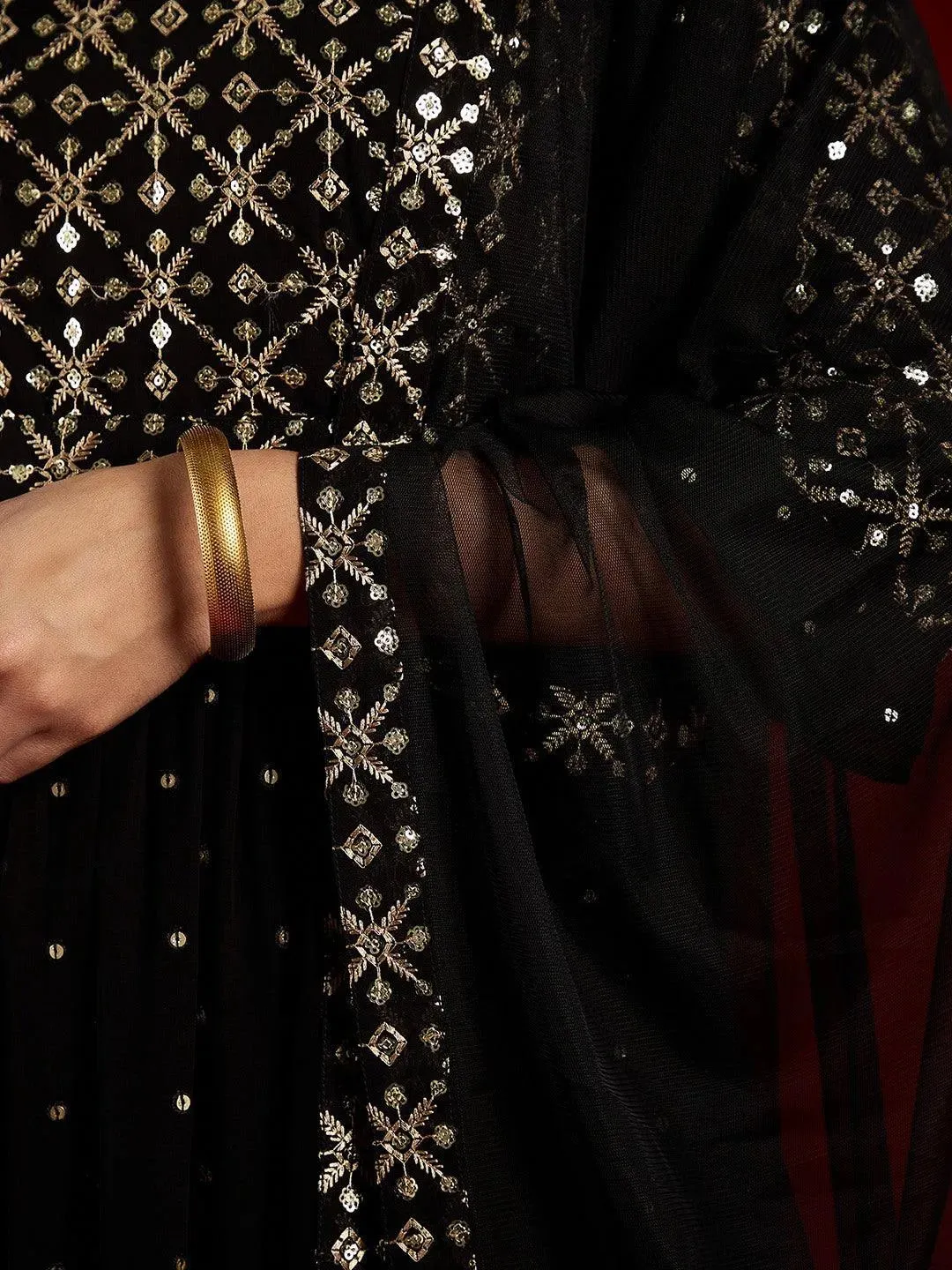 Black Embroidered Georgette Anarkali Suit With Dupatta