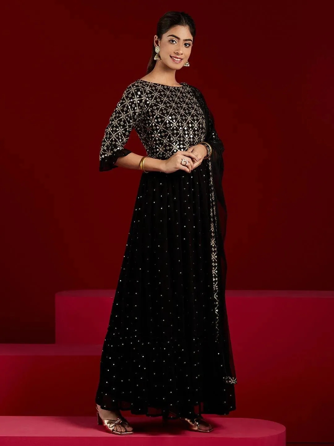 Black Embroidered Georgette Anarkali Suit With Dupatta