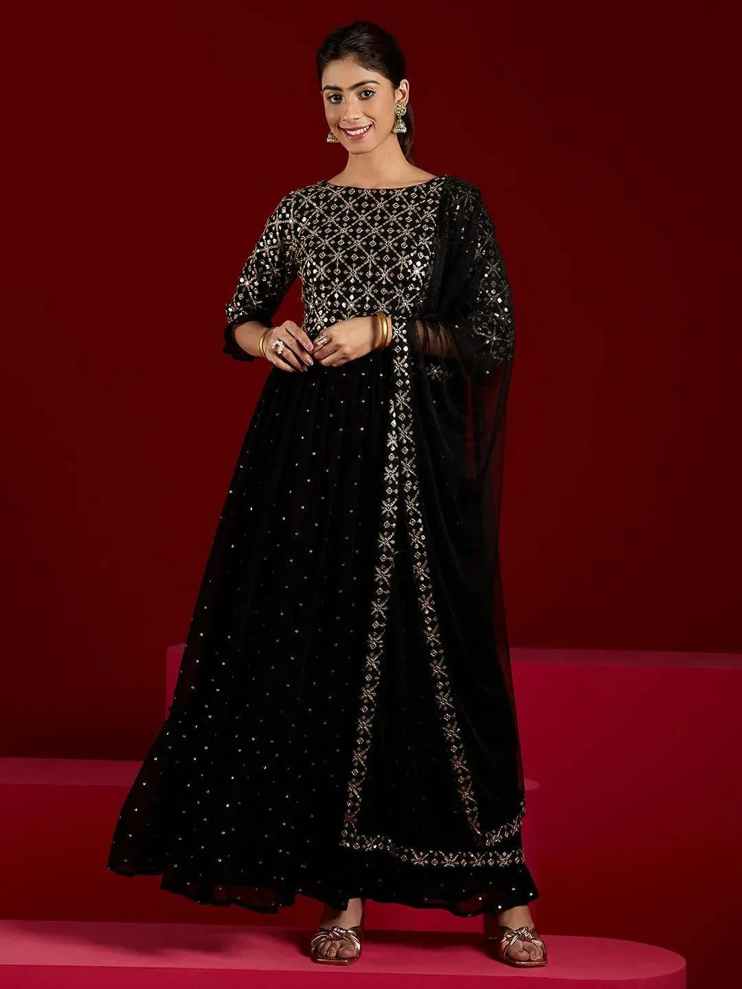 Black Embroidered Georgette Anarkali Suit With Dupatta