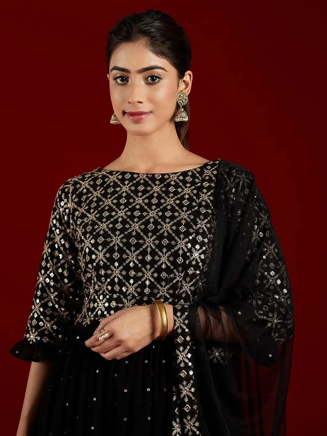 Black Embroidered Georgette Anarkali Suit With Dupatta