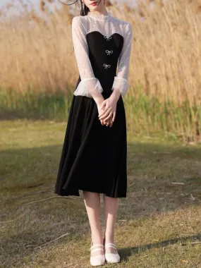 Black Evening Dress A-Line Jewel Neck 3/4 Length Sleeves Zipper Stretch Tea-Length Crepe Social Party Dresses