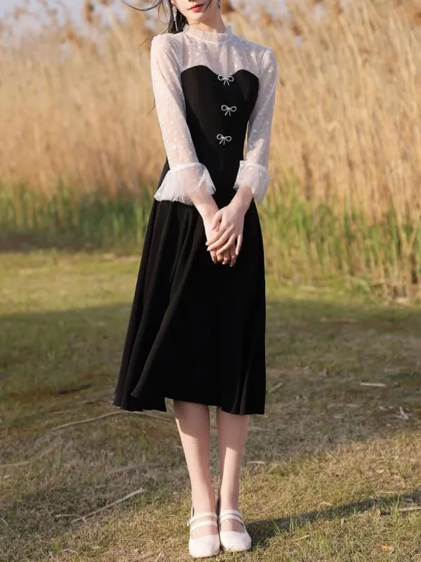 Black Evening Dress A-Line Jewel Neck 3/4 Length Sleeves Zipper Stretch Tea-Length Crepe Social Party Dresses