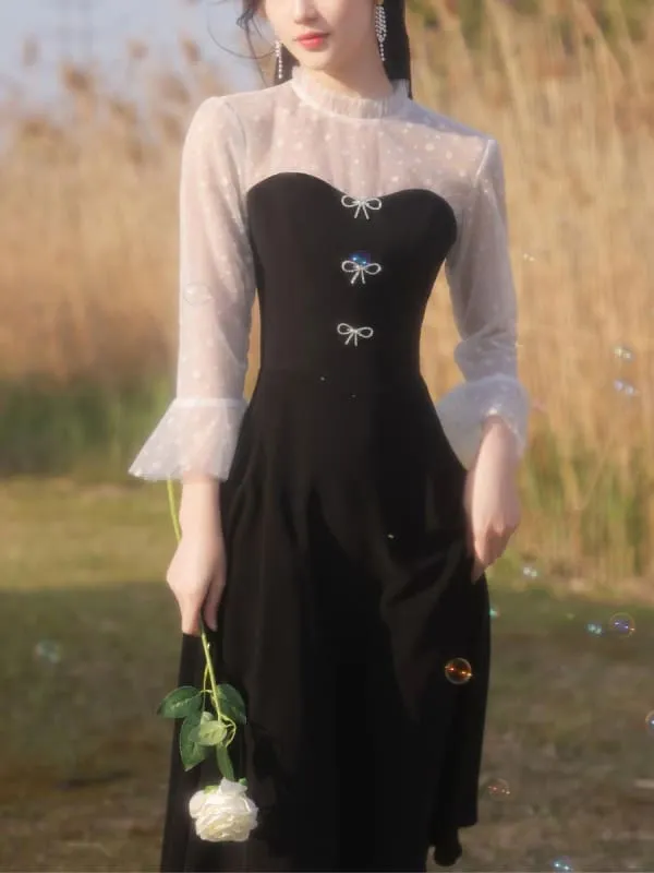 Black Evening Dress A-Line Jewel Neck 3/4 Length Sleeves Zipper Stretch Tea-Length Crepe Social Party Dresses